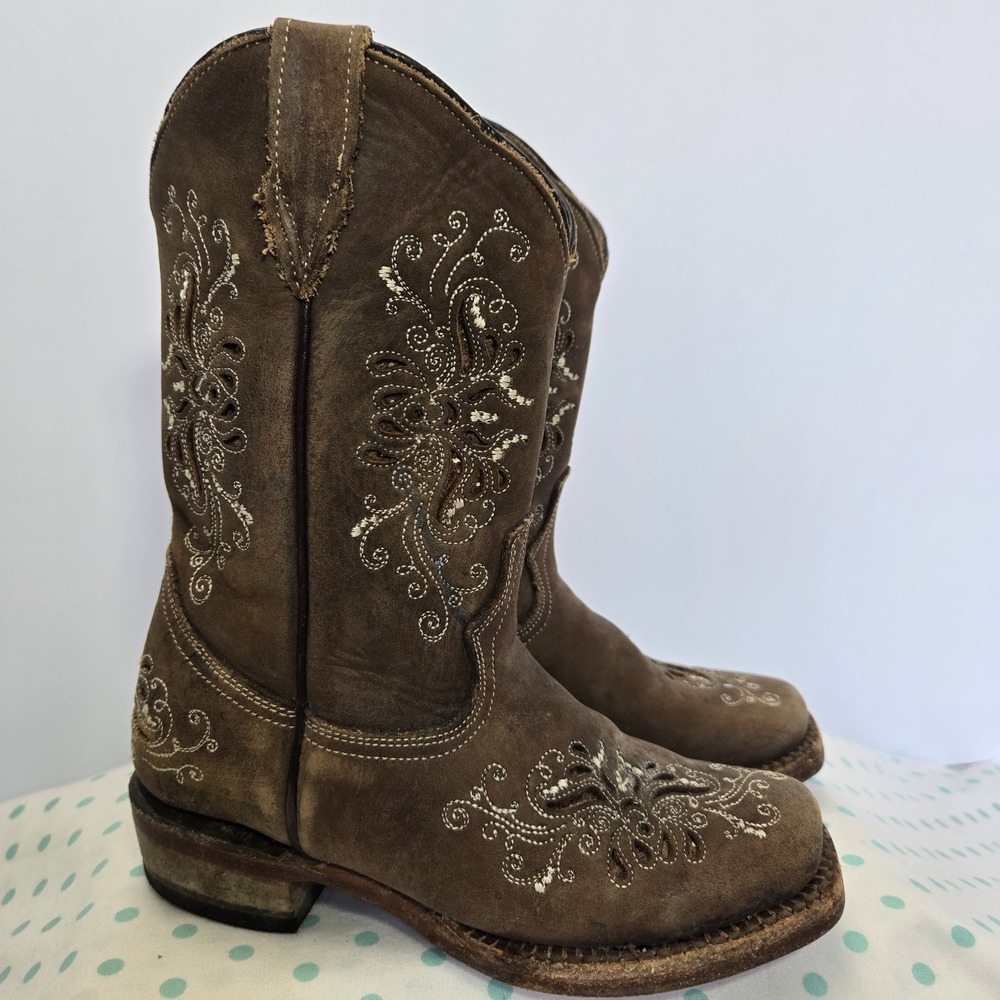 Tanner Mark Kids Size 9 Chocolate Brown Shimmer Square Toe Leather Girls Boots